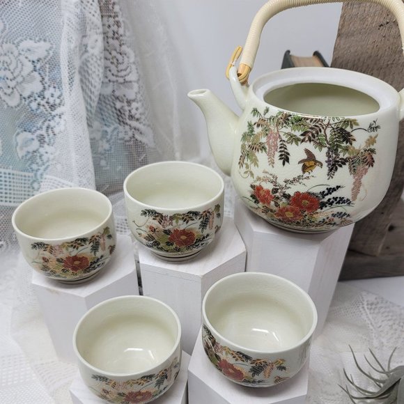 Vintage Teapot with 4 Cups Floral & Birds Japan - Picture 2 of 9